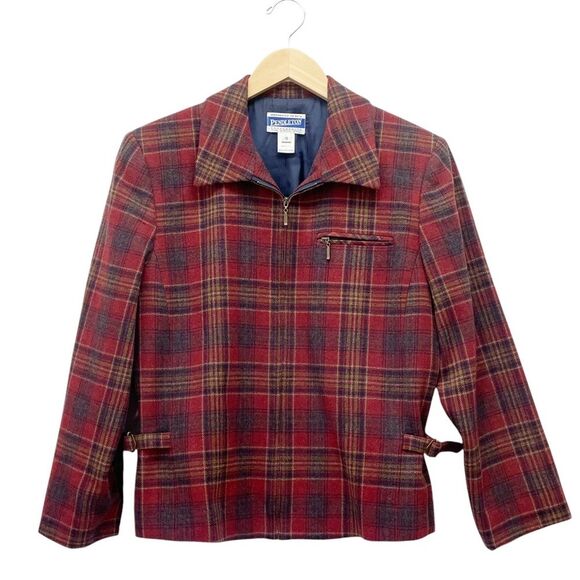 Pendleton Knockabouts Virgin Wool Zip Front Jacket Burgundy Blue Plaid Size 10 - Picture 6 of 16